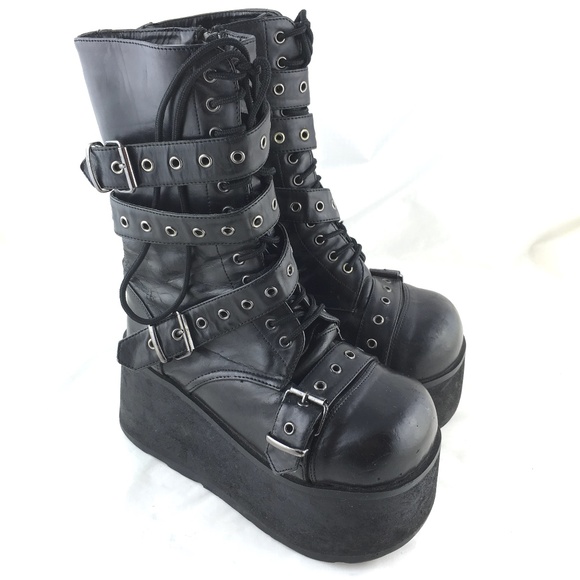 TRASHVILLE-205 COMBAT BIKER PUNK WRAPPED STRAP WEDGE PLATFORM CALF HIGH BOOT